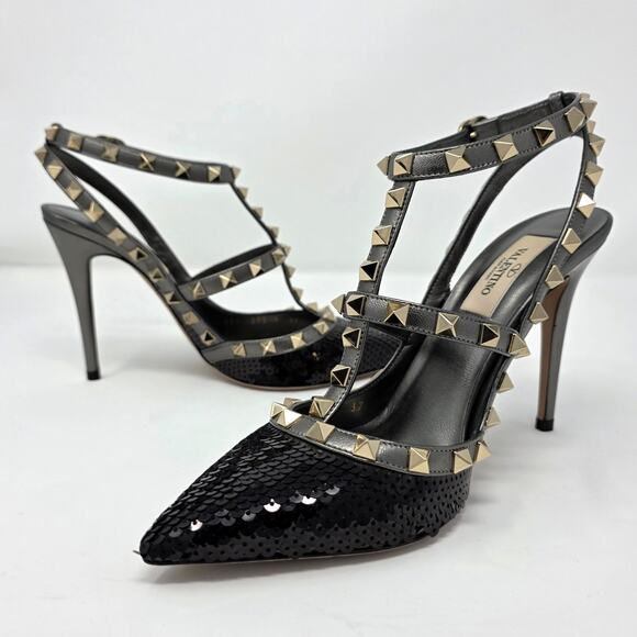 Valentino Rockstud Studded Sequin Caged T Strap Pumps IT 37 US 7 Black - Picture 15 of 15